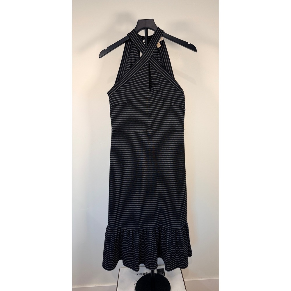 Michael Michael Kors Black Striped Halter Ruffle Hem Midi Dress Medium